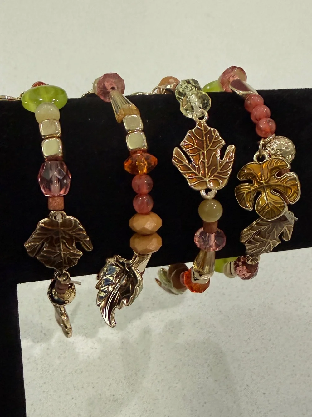 Autum Fall Gold Tone Leafy Charm Beaded Stretch Bracelet - Set of 4